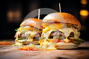 closeup of juicy burgers with melting cheese