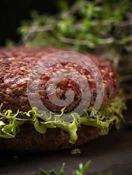A closeup of a juicy succulent labgrown hamburger patty.. AI generation