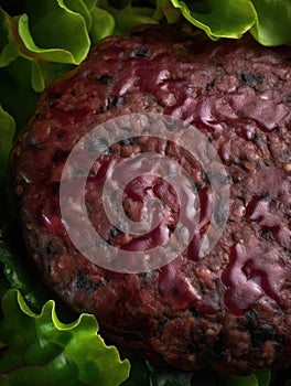 A closeup of a juicy succulent labgrown hamburger patty.. AI generation