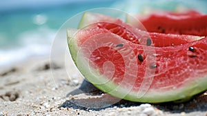 A closeup of a juicy watermelon slice ready to be devoured at a beach picnic