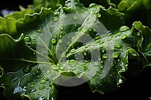 Closeup of a kale leaf with drops of