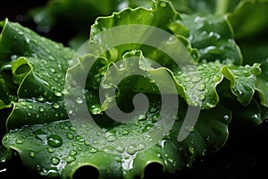 Closeup of a kale leaf with drops of