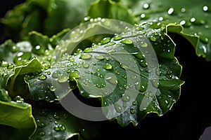 Closeup of a kale leaf with drops of