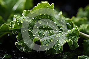 Closeup of a kale leaf with drops of