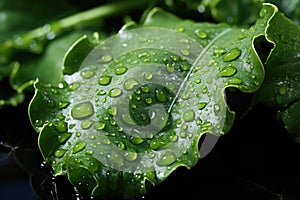 Closeup of a kale leaf with drops of