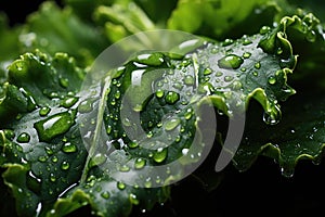 Closeup of a kale leaf with drops of