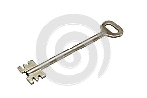 Closeup of a key, a tool made of nickel or steel, on a white background