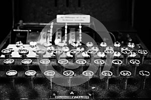 Closeup of a keyboard of a rare German World War II 'Enigma' machine at Bletchley Park