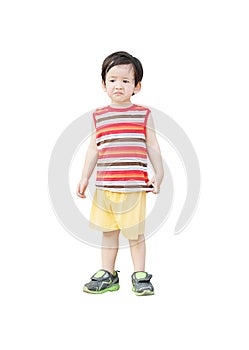 Closeup asian kid do not look satisfied with something isolated on white background