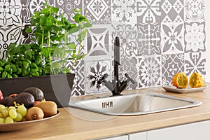 Closeup of kitchen sink and herbs and fruit on counter photo