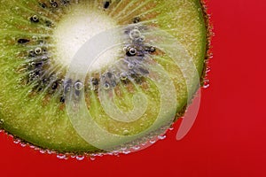 Closeup of a kiwi slice covered in water bubbles against a red background