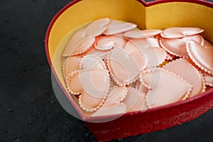 Closeup of knick knacks inside valentine box