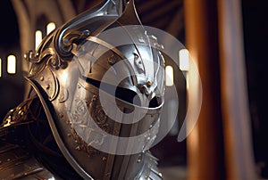 Closeup of knight headshot helm in armor standing guard of the palace background. Medieval and Crusades war concept. Generative AI