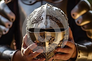 Closeup knight helmet in hand of medieval warrior. Generative AI