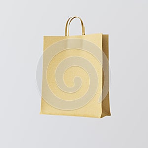 Closeup Kraft Paper Bag Isolated Center White Empty Background.Mockup Highly Detailed Texture Materials.Space for