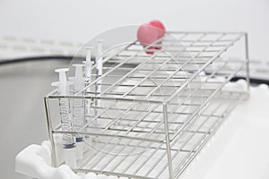 Closeup of lab equipment for scientific research with fluids