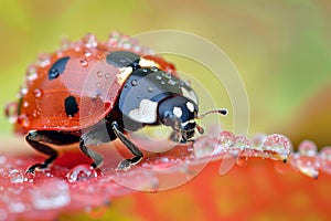 closeup of a ladybug on a dewcovered leaf