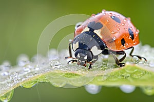 closeup of a ladybug on a dewcovered leaf photo
