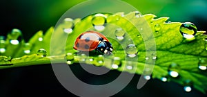 Closeup ladybug,lady beetle with water dew drops on greenery leaves plant.organic or ecology concepts backgrounds.clean and pure