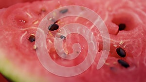 A closeup of a large juicy watermelon slice revealing its crisp pink with small black seeds tered throughout ripe for