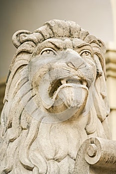 Closeup Large Lion Head Sculptured from Stone