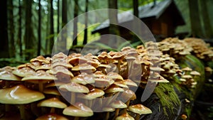 A closeup of a large of shiitake mushrooms growing on a fallen log in a lush forest environment. In the distance a small