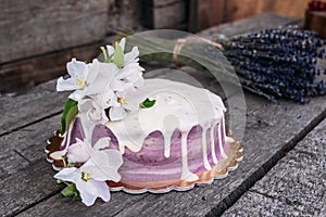 Closeup of the  lavender cheesecake and bouquet