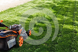 Closeup lawn mower or grass cutter mowing green grass in garden in sunny day. Eco organic environmental sustainability