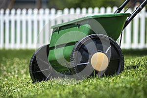 Closeup of lawn spreader in grass yard used for applying grass seed, fertilizer, herbicides, photo
