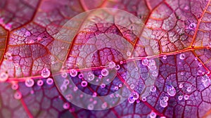 A closeup of a leaf displays intricate arrangements of collenchyma cells stained in hues of pink and purple providing