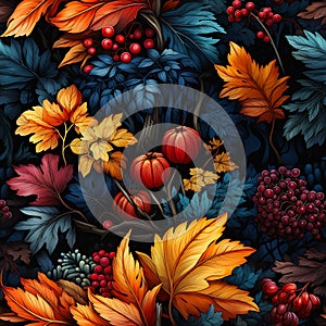 Closeup of leaves and berries in a forest: stunning colors lit b