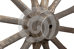 Closeup left view of vintage wooden wagon wheel