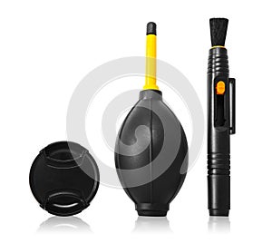 Closeup Lens Pen, Blower Brush and Lens Cover Black Color Tool Symbol for Clean Photographic Equipment. Camera Cleaning Set