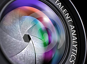 Closeup Lens of Reflex Camera with Talent Analytics. 3D.