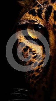 Closeup leopard eye, portrait of animal on dark background.