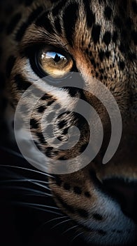 Closeup leopard eye, portrait of animal on dark background.