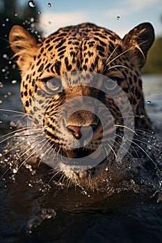 Closeup of a leopard face swimming in a river and rising from the surface of the water