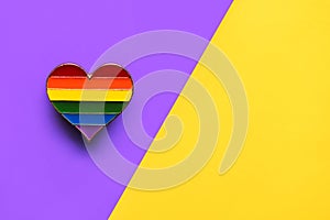 Closeup of LGTBI pin heart shaped with copy space for text. LGBT Pride concept