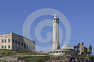 Closeup of lighhouse tower on Alcatraz, San Francisco, CA, USA