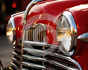 Closeup on the lights and grill to one side of a red classic car.