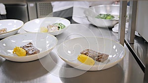 Closeup Line of plates dishes. Group chefs busy in commercial kitchen of fine dining restaurant. Staff in a restaurant