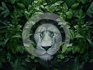 Closeup of a lion surrounded by green plants. Lion in the jungle.
