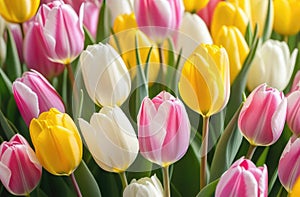 closeup of lively spring colorful flowers bouquet. many pink, white, yellow tulips with blossom