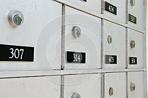 Closeup of locked metal apartment mailboxes