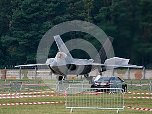 Closeup of Lockheed Martin F-22 Raptor on runway at an air show in Slovakia