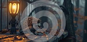 Closeup of a lone hedgehog crossing a wooden bridge the warm light of a streetlamp guiding its way through the dark