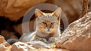 Closeup of a lone sand cat its powerful paws and tufted ears attuned to any movement in its secluded habitat photo