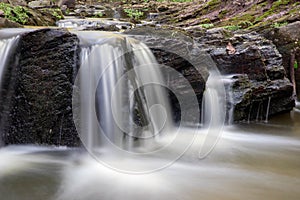 Closeup long exposure of soft cascading woodland waterfall