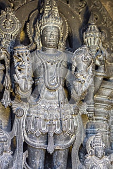 Closeup of Lord Vishnu statue at Chennakeshava Temple in Belur, India