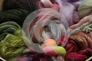 Closeup of lots of beautiful sheep wool fibres in a roving ready for spinning yarn